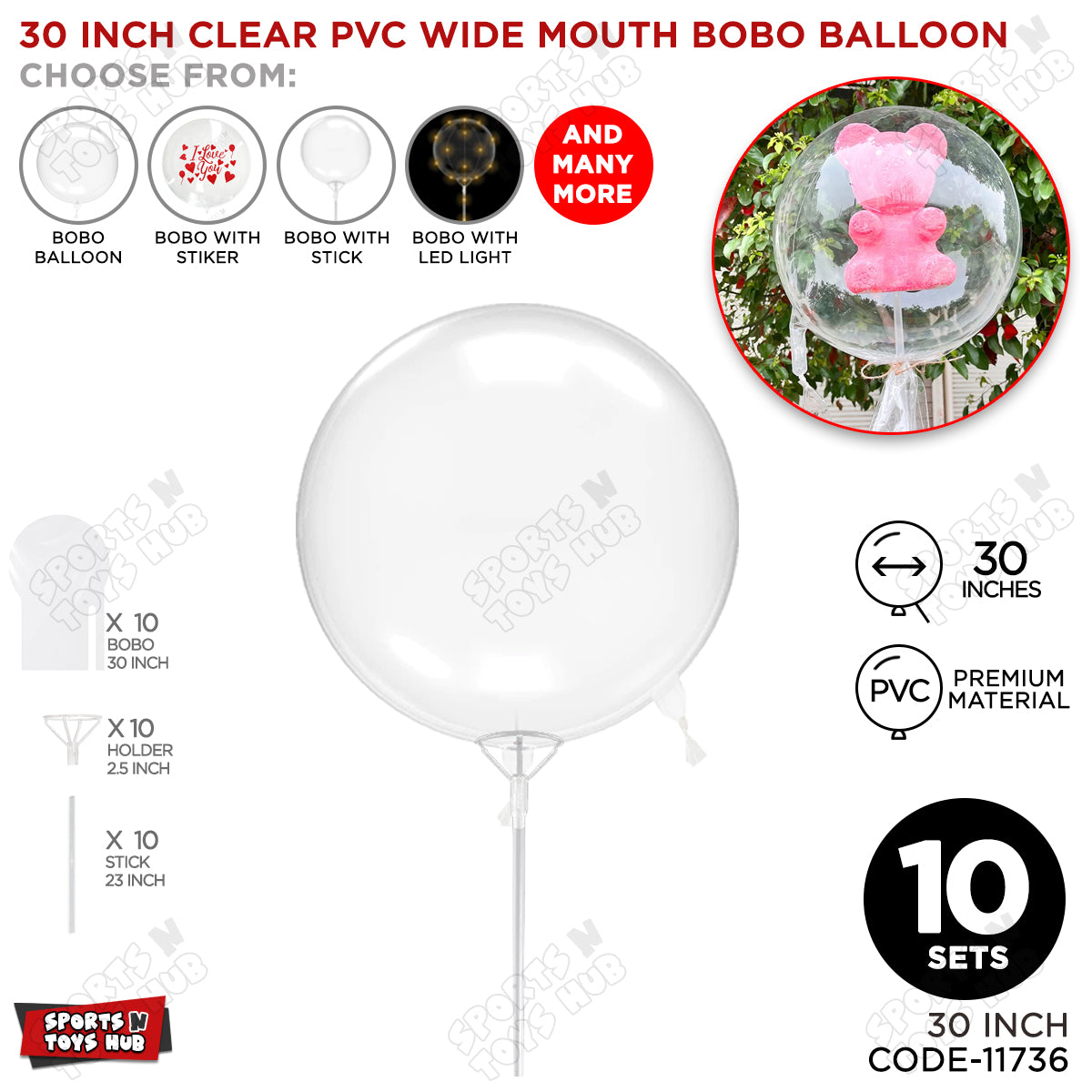 30 Inch Clear PVC BOBO Wide Mouth Stuffing Balloon With Stick