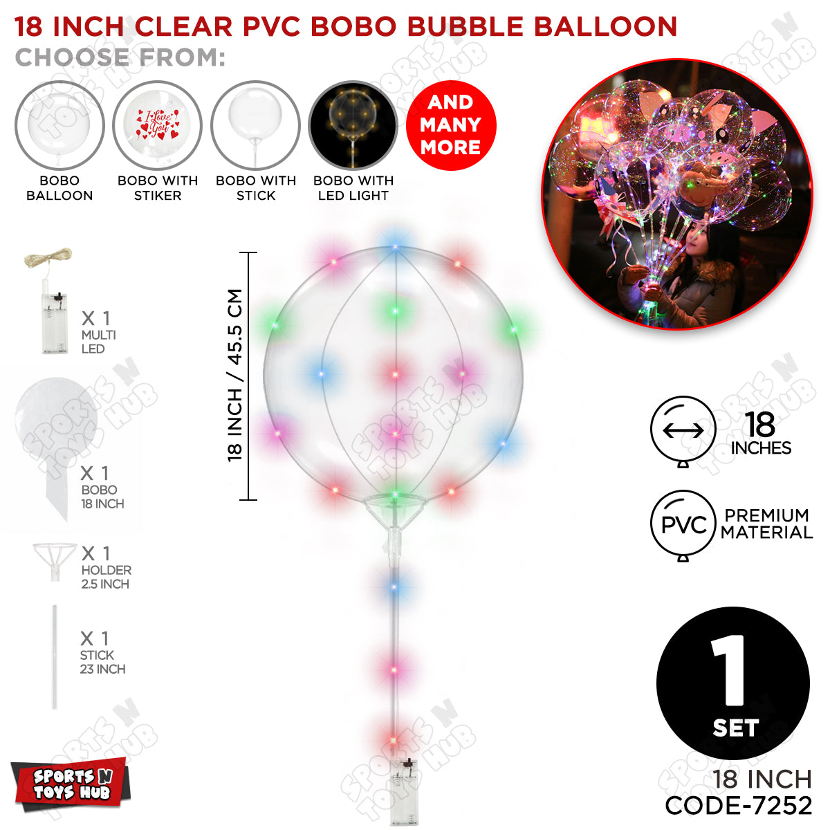 18 Inch BOBO Balloon With Stick & LED Light