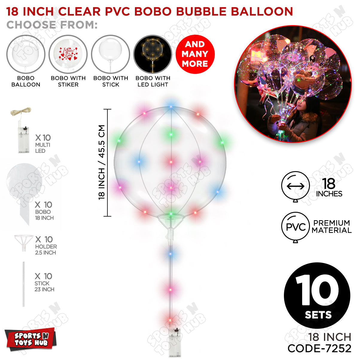 18 Inch BOBO Balloon With Stick & LED Light
