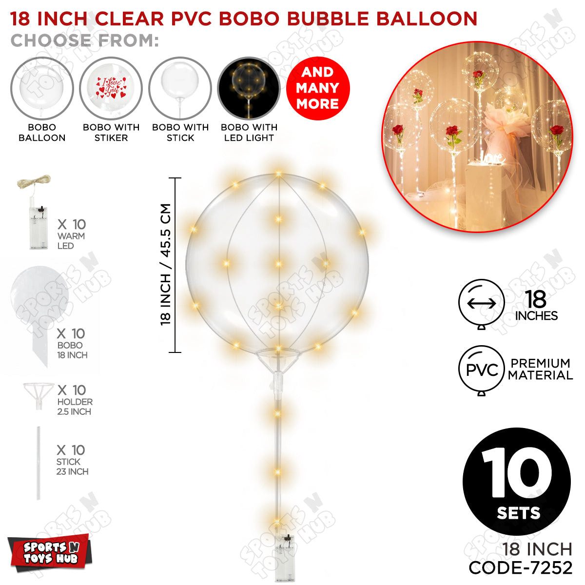 18 Inch BOBO Balloon With Stick & LED Light