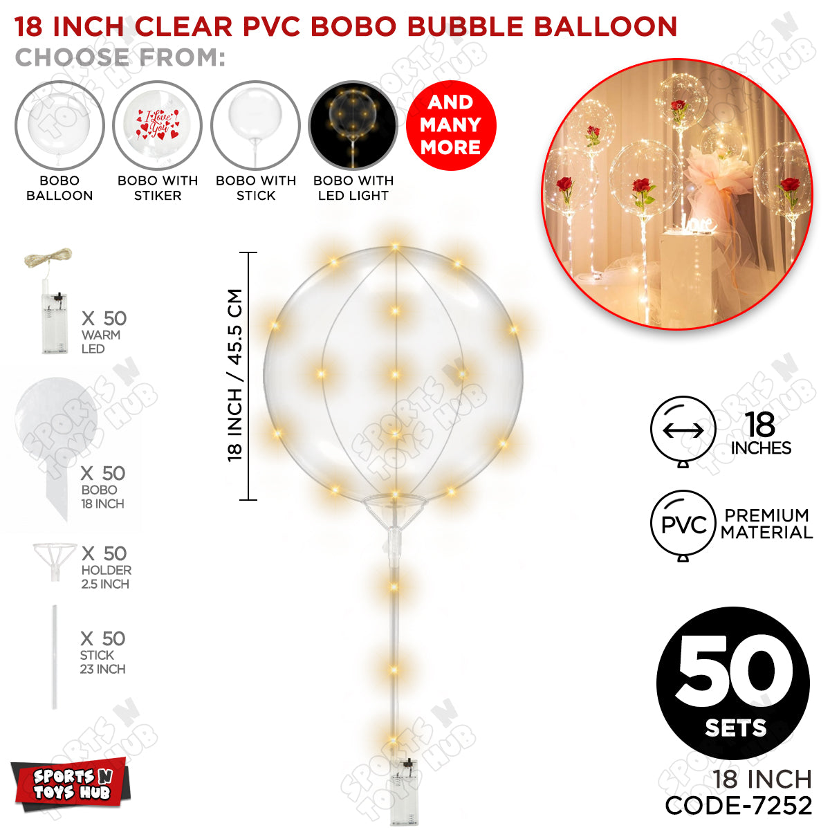 18 Inch BOBO Balloon With Stick & LED Light