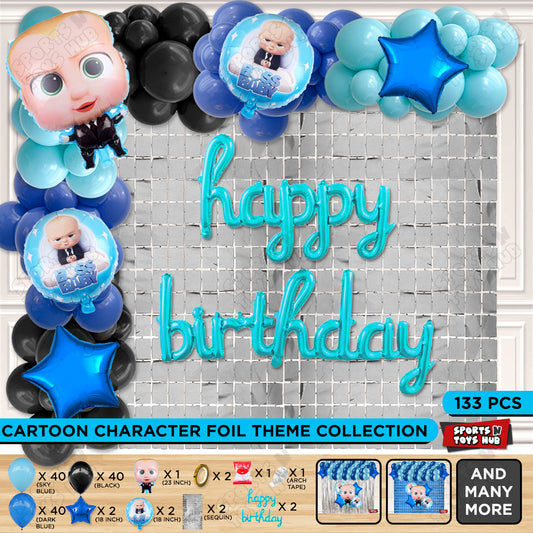 B_o_s_s B@by Foil Balloon Set Theme With Happy Birthday Cursive Letter Arch Theme
