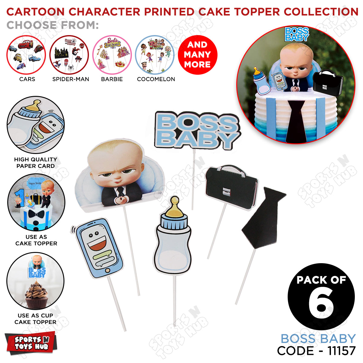 HBD Cartoon Character Boss B@by Printed Card Board Cake Topper - 6 Pcs