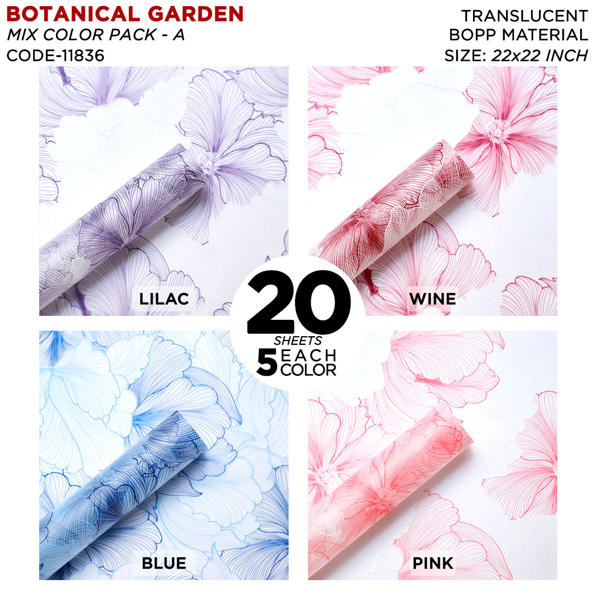Botanical Garden Floral Wrapping Paper Sheet –  Mix Color 20 Sheet Pack - Translucent Flower Wrapping Bouquet Sheets