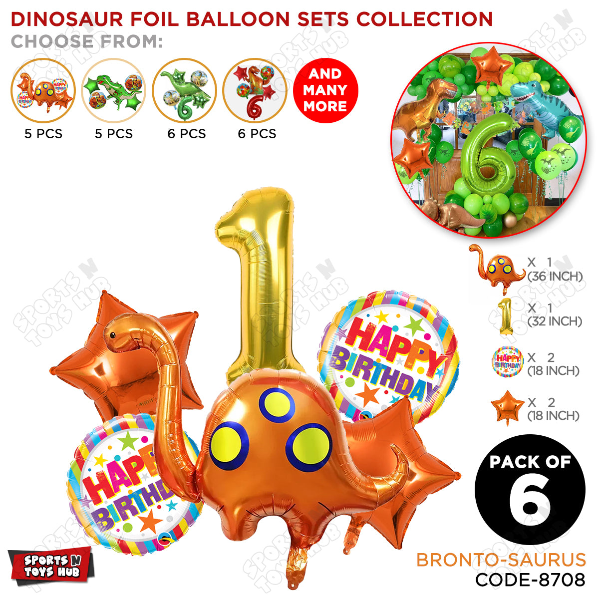 Bronto-Saurus Foil Balloon Pack Of 6 Set With 32 Inch Foil Number Balloons
