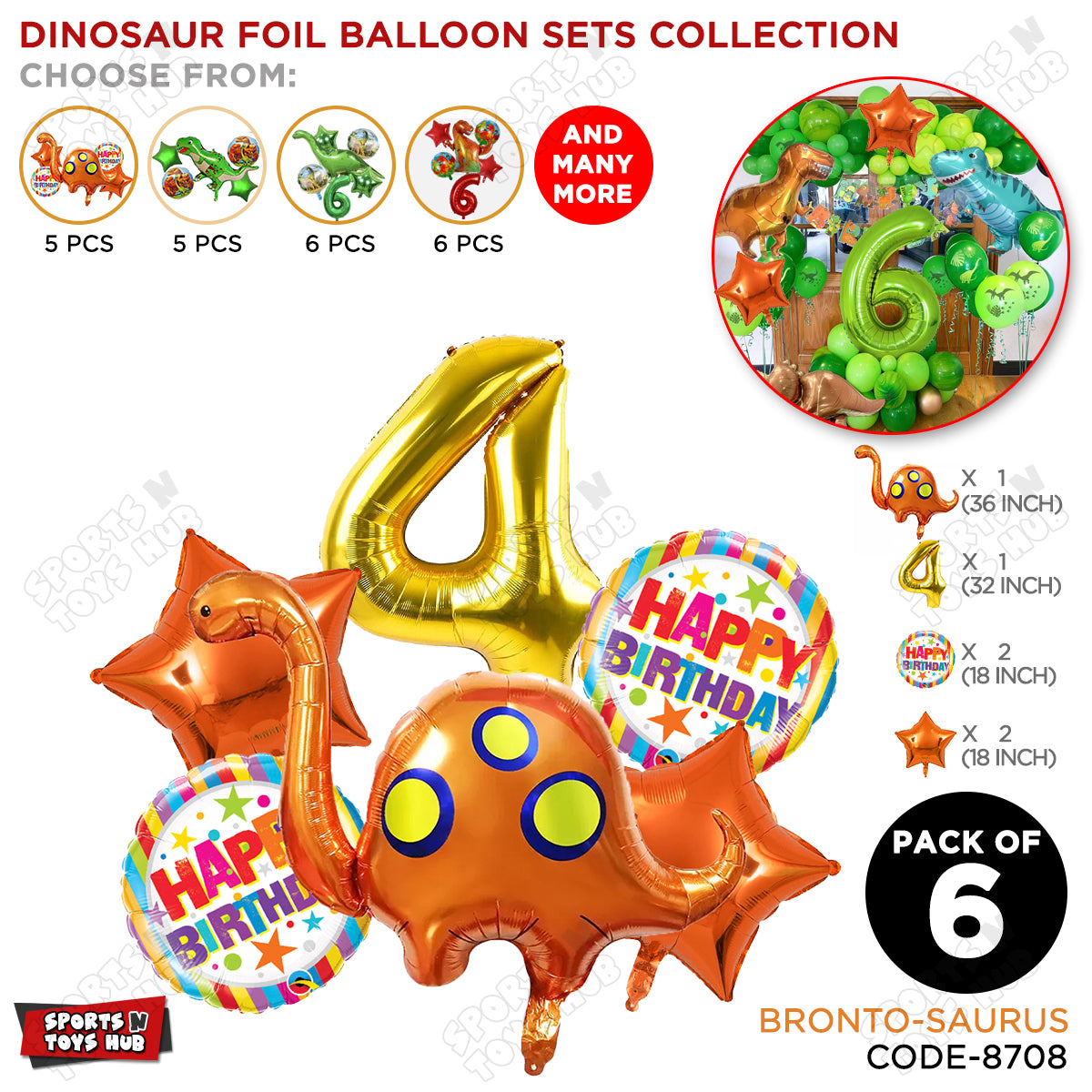 Bronto-Saurus Foil Balloon Pack Of 6 Set With 32 Inch Foil Number Balloons