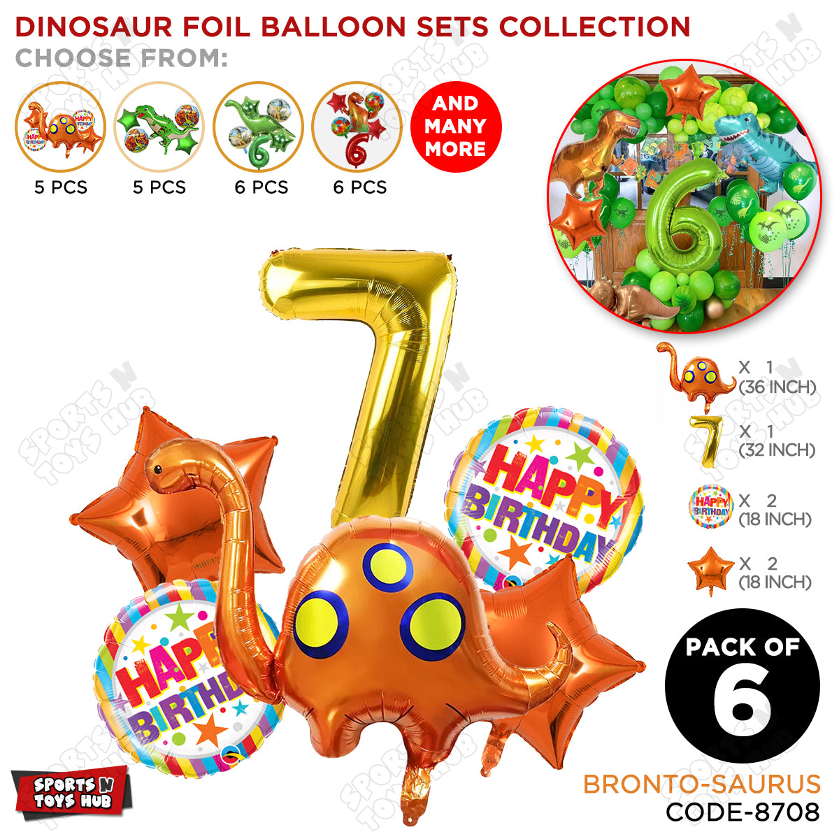 Bronto-Saurus Foil Balloon Pack Of 6 Set With 32 Inch Foil Number Balloons