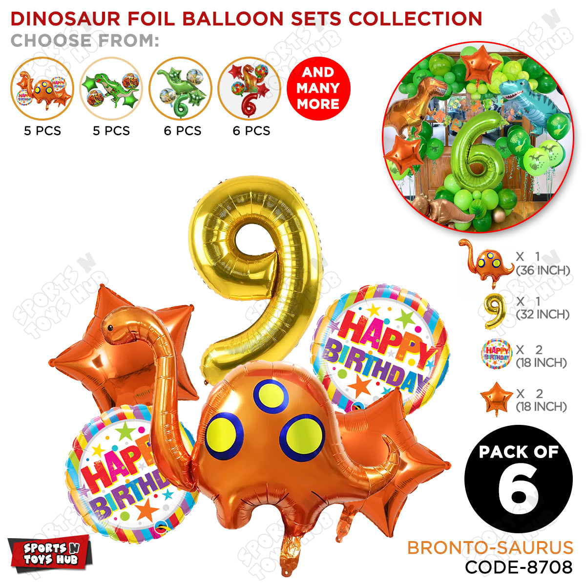Bronto-Saurus Foil Balloon Pack Of 6 Set With 32 Inch Foil Number Balloons