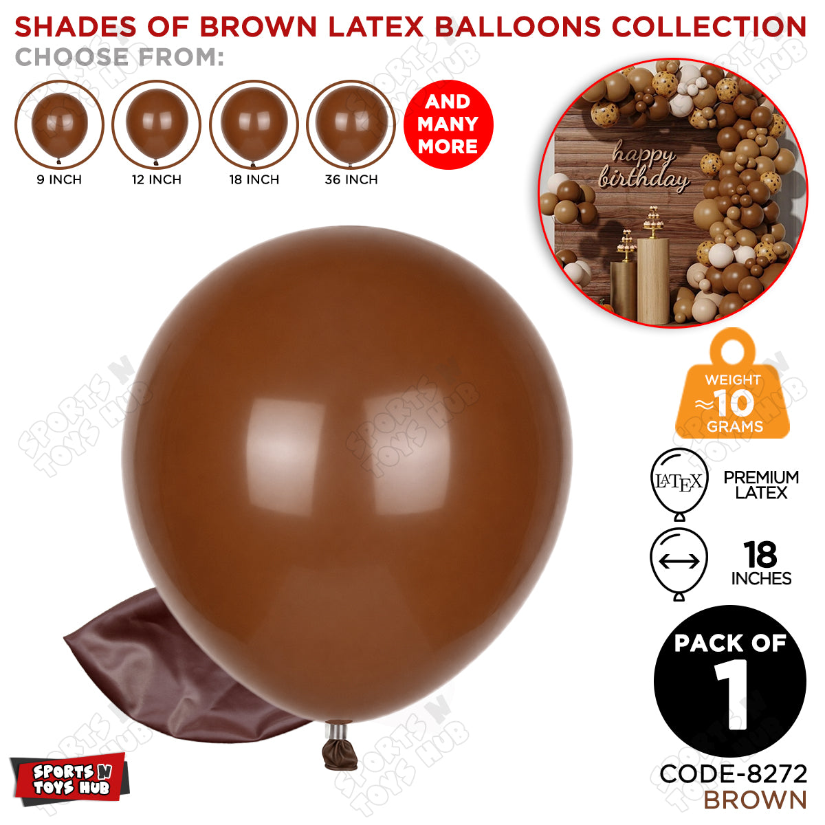 Brown Latex Balloons Available In 9, 12, 18 & 36 Inch Sizes
