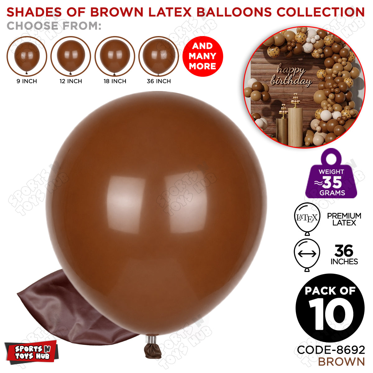 Brown Latex Balloons Available In 9, 12, 18 & 36 Inch Sizes