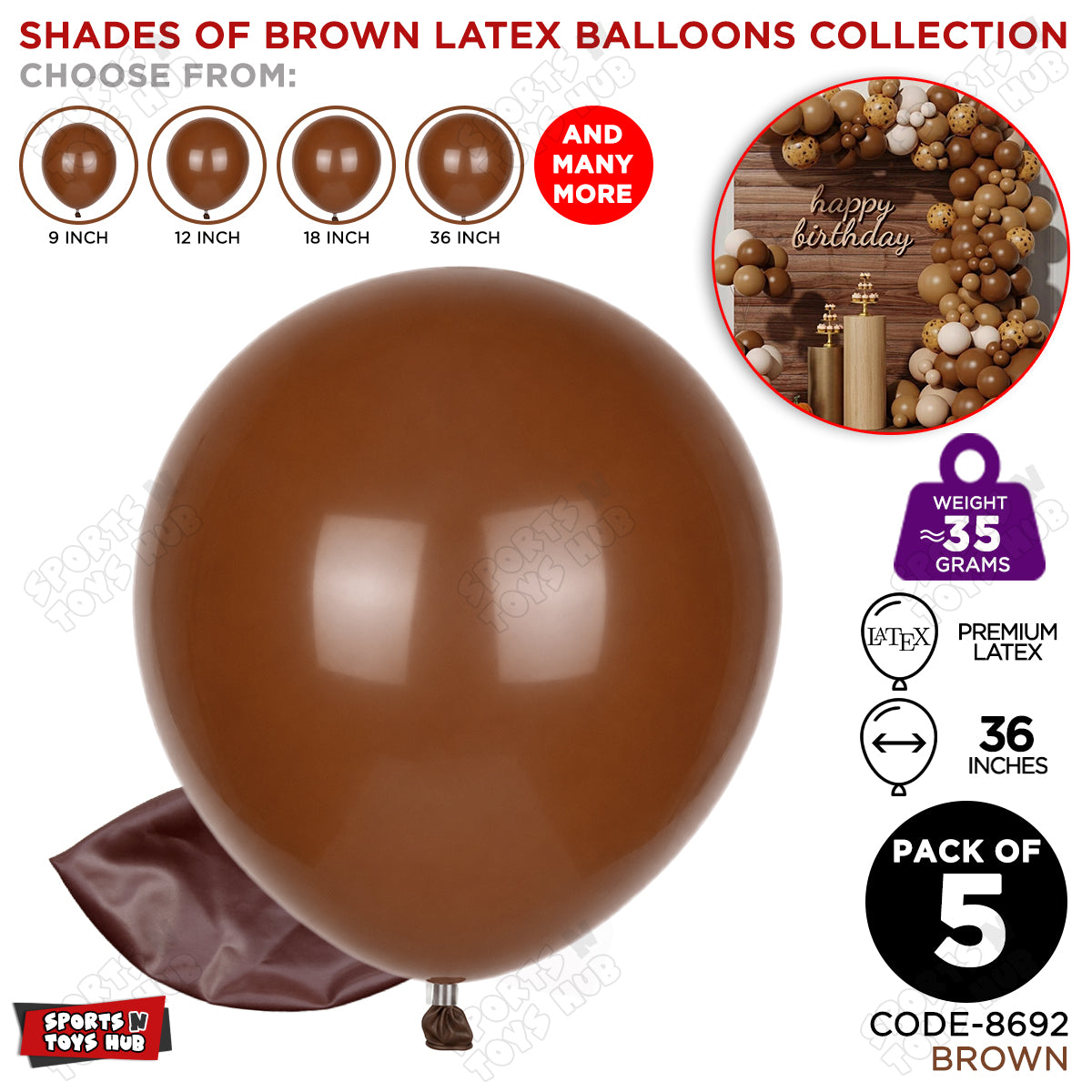 Brown Latex Balloons Available In 9, 12, 18 & 36 Inch Sizes