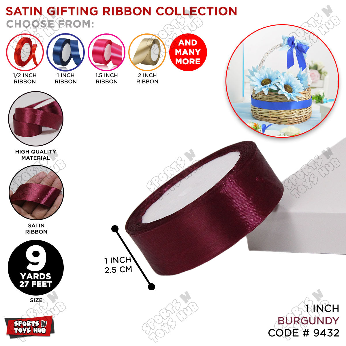 1 Inch x 9 Yards – Multi-Purpose Plain Satin Ribbon Roll for Gift Wrapping, Crafts & Decor