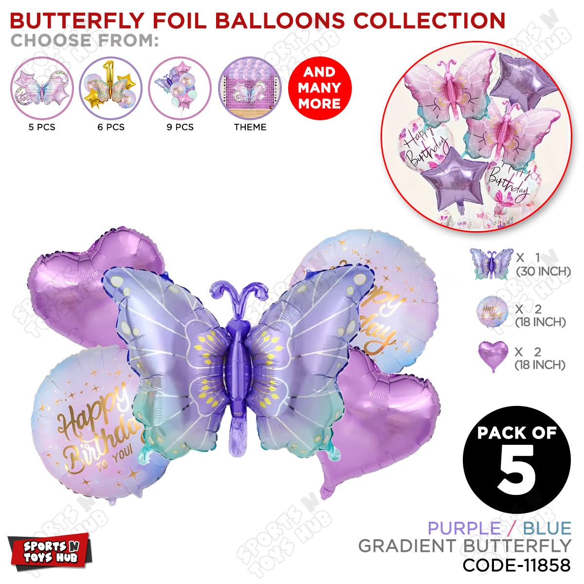 Gradient Color Butterfly Pack Of 5 Foil Balloon Set