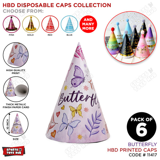 6 Pcs Happy Birthday Butterfly Printed Caps