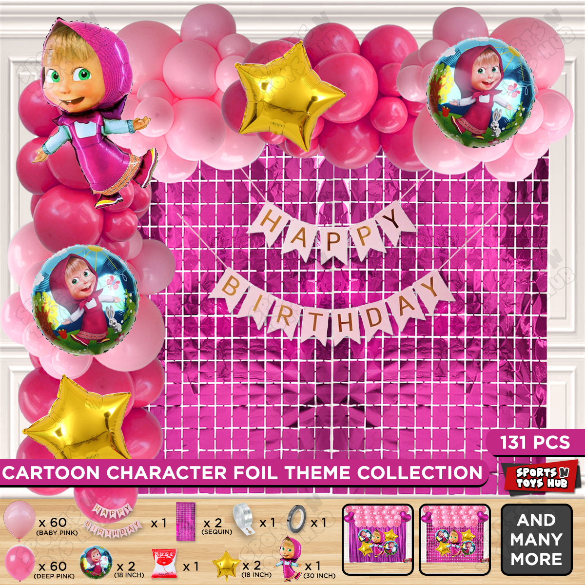 M@sha and The Bear Foil Balloon With Happy Birthday Card Banner Arch Theme