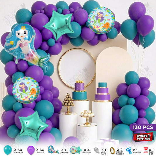 Teal Blue & Purple Color Balloon Arch Garland Theme Kits With Cartoon Mer-maId Foil Set - 130 Pcs