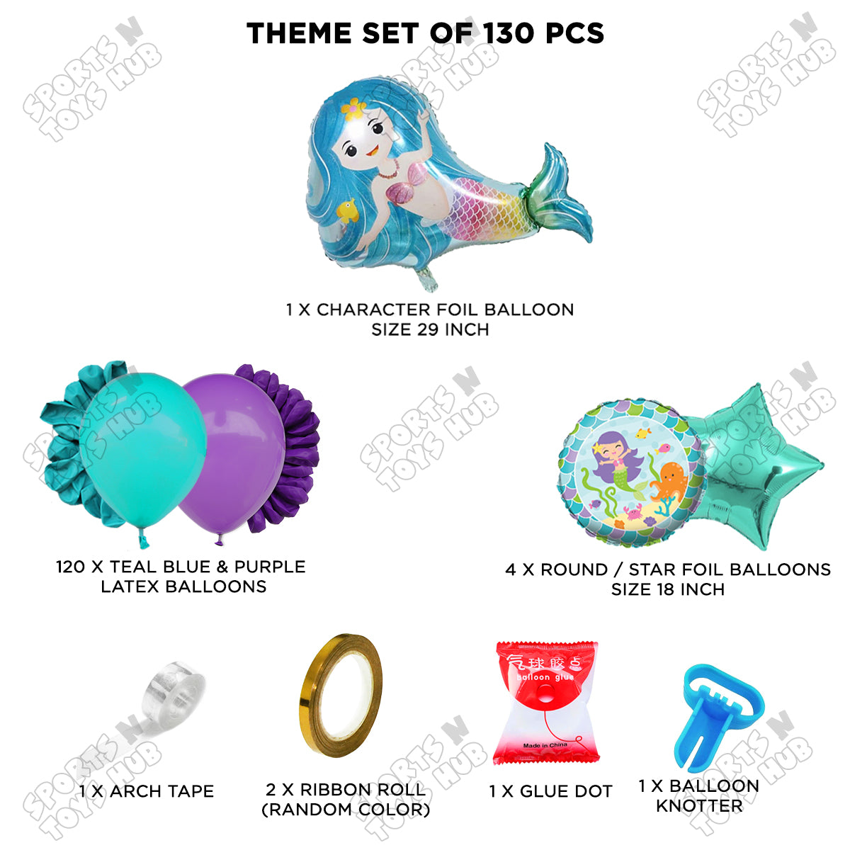 Teal Blue & Purple Color Balloon Arch Garland Theme Kits With Cartoon Mer-maId Foil Set - 130 Pcs