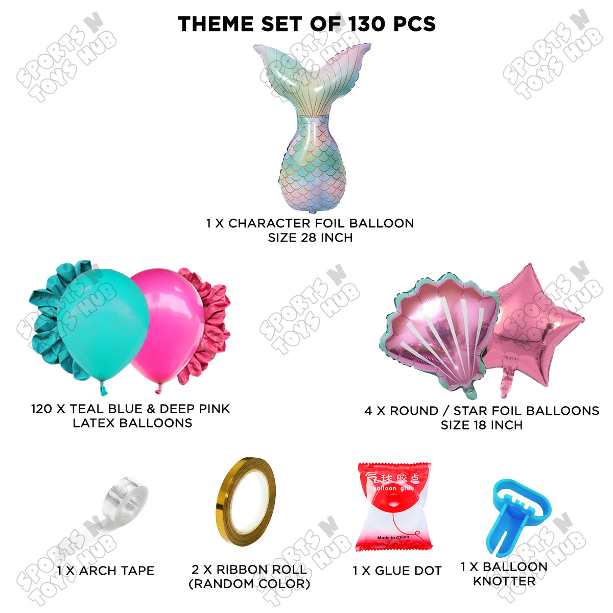 Teal Blue & Deep Pink Color Balloon Arch Garland Theme Kits With Cartoon Merm@Id Tail Foil Set - 130 Pcs