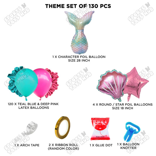 Teal Blue & Deep Pink Color Balloon Arch Garland Theme Kits With Cartoon Merm@Id Tail Foil Set - 130 Pcs