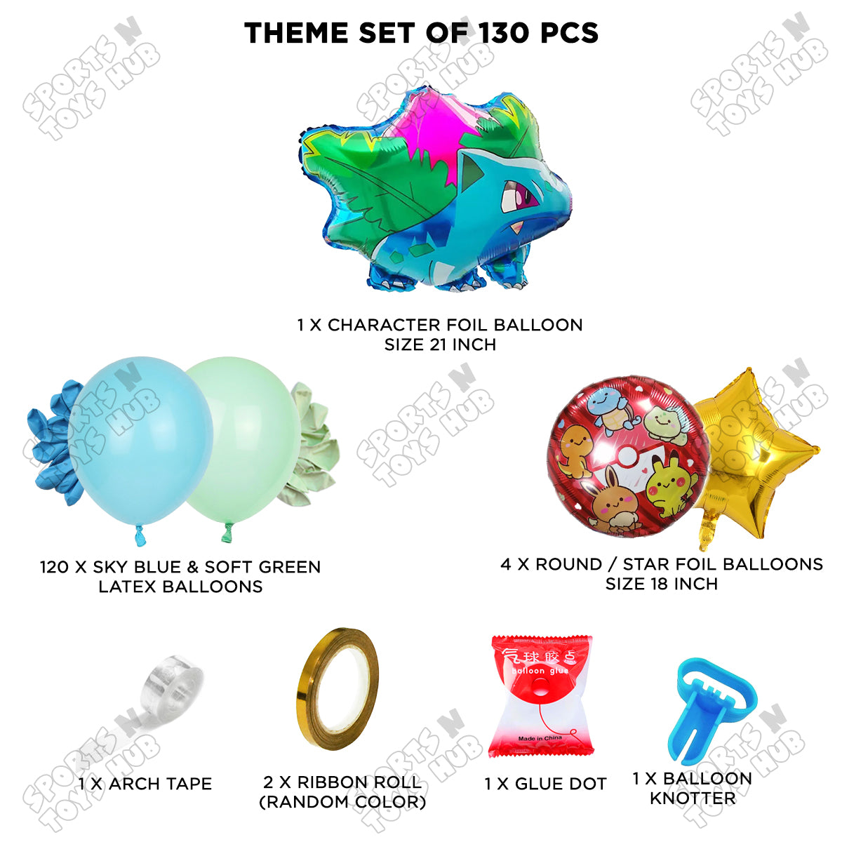 Pokemon Ivysaur Balloon Arch Kit – 130 Pcs | Sky Blue & Soft Green Latex Balloon Garland