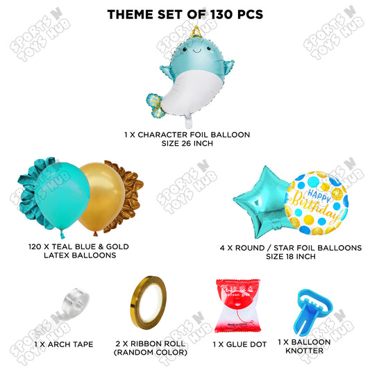 Teal Blue & Gold Color Balloon Arch Garland Theme Kits With Cute Whale Foil Set - 130 Pcs