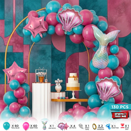 Teal Blue & Deep Pink Color Balloon Arch Garland Theme Kits With Cartoon Merm@Id Tail Foil Set - 130 Pcs