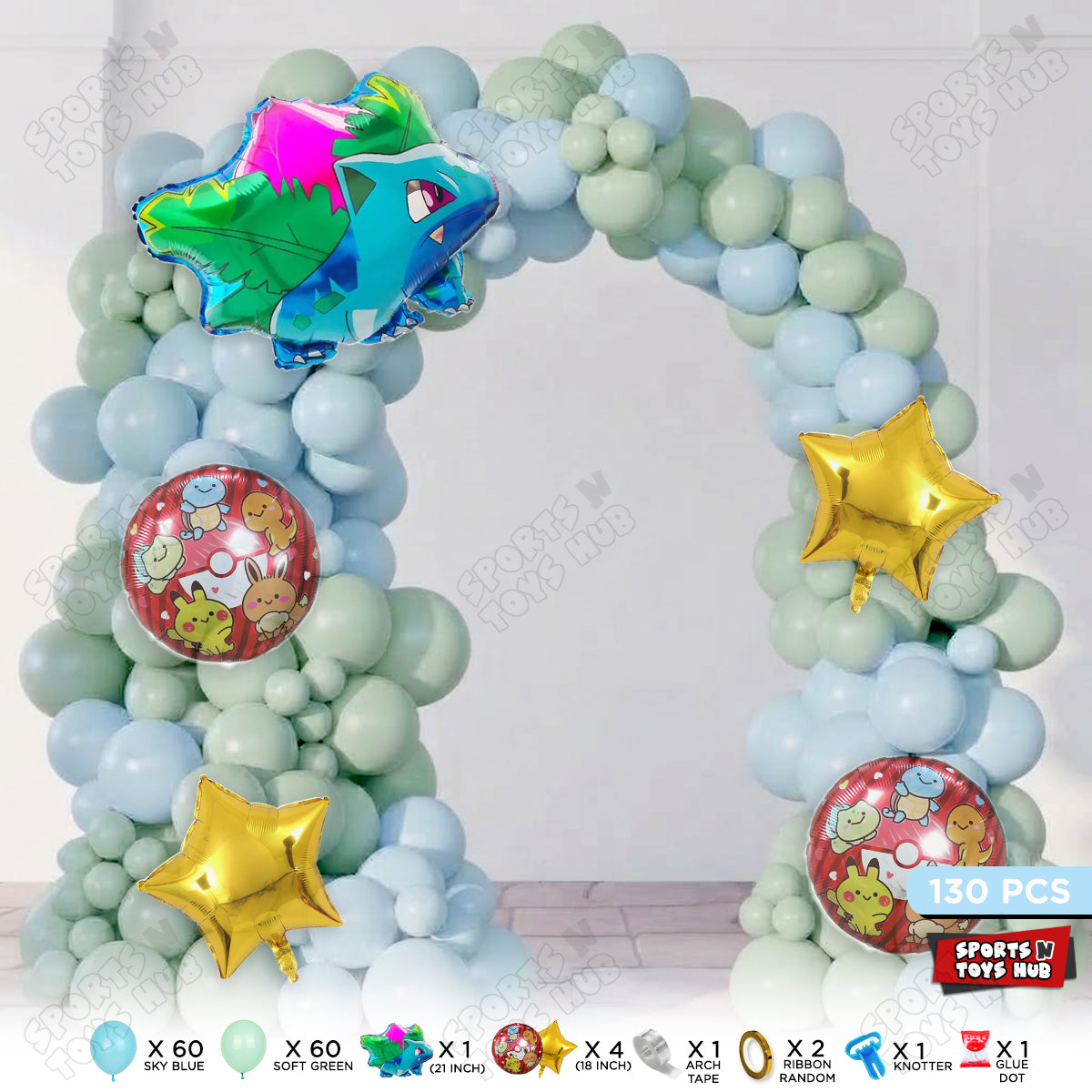 Pokemon Ivysaur Balloon Arch Kit – 130 Pcs | Sky Blue & Soft Green Latex Balloon Garland