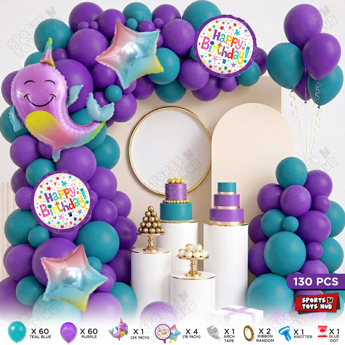 Teal Blue & Purple Color Balloon Arch Garland Theme Kits With Nar Whale Foil Set - 130 Pcs