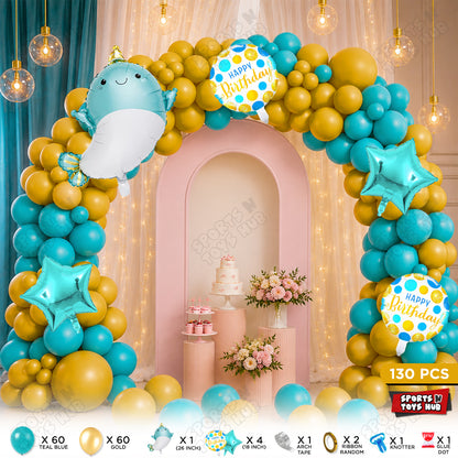 Teal Blue & Gold Color Balloon Arch Garland Theme Kits With Cute Whale Foil Set - 130 Pcs