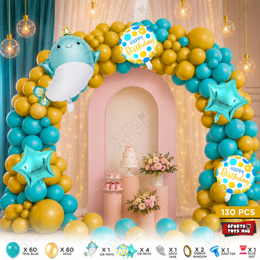 Teal Blue & Gold Color Balloon Arch Garland Theme Kits With Cute Whale Foil Set - 130 Pcs