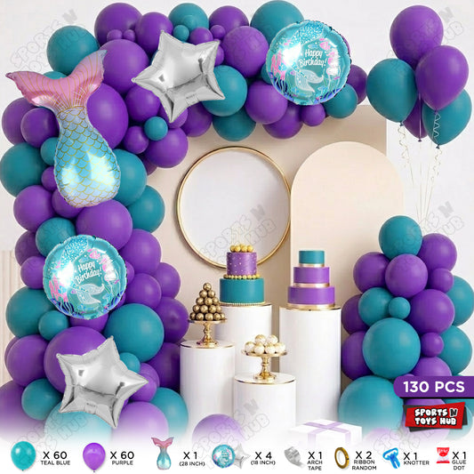 Teal Blue & Purple Color Balloon Arch Garland Theme Kits With Cartoon Mer-maId Tail Foil Set - 130 Pcs