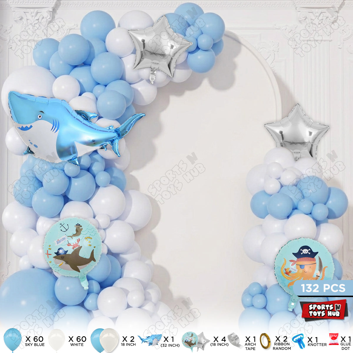 Sky Blue & White Color Balloon Arch Garland Theme Kits With Shark Foil Set - 132 Pcs