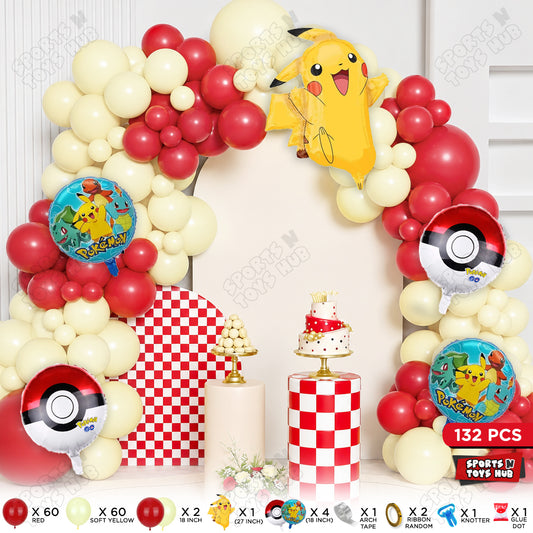 Pokemon Pika-chu Balloon Arch Kit – 132 Pcs | Red & Soft Yellow Color Latex Balloon Garland