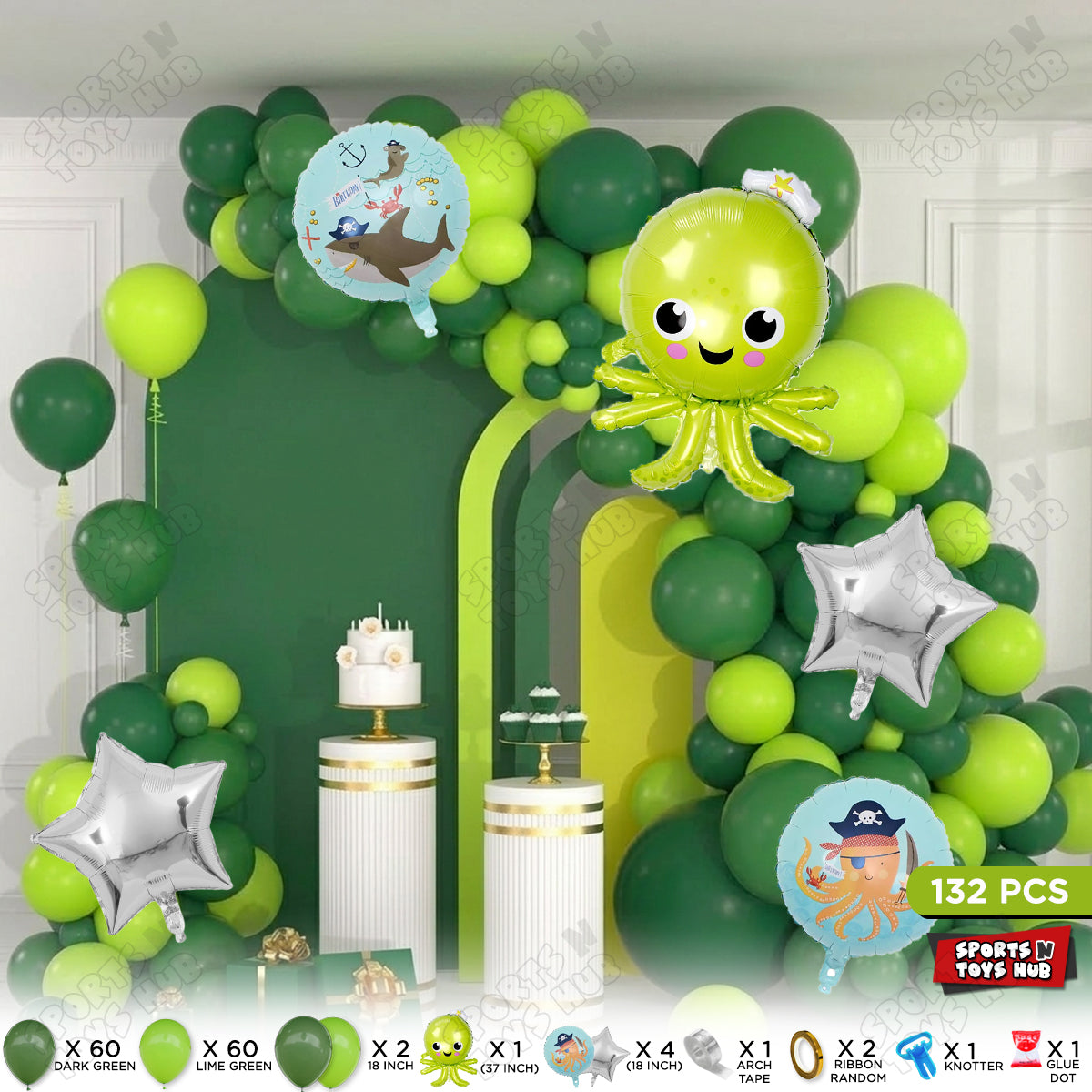 Dark Green & Lime Green Color Balloon Arch Garland Theme Kits With Shark Foil Set - 132 Pcs