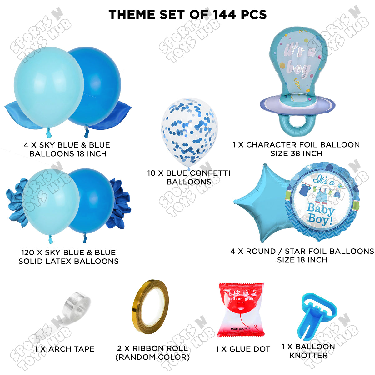 Baby Boy Blue Color Pacifier Character Foil Balloon Set Arch Kit Theme – Pack of 144 | Baby Shower Balloon Garland