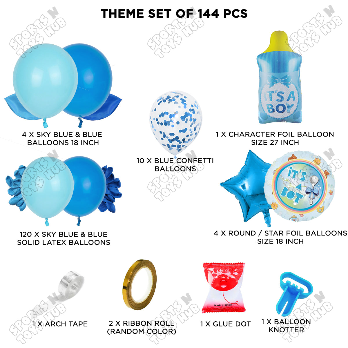 Baby Boy Blue Color Feeder Character Foil Balloon Set Arch Kit Theme – Pack of 144 | Baby Shower Balloon Garland