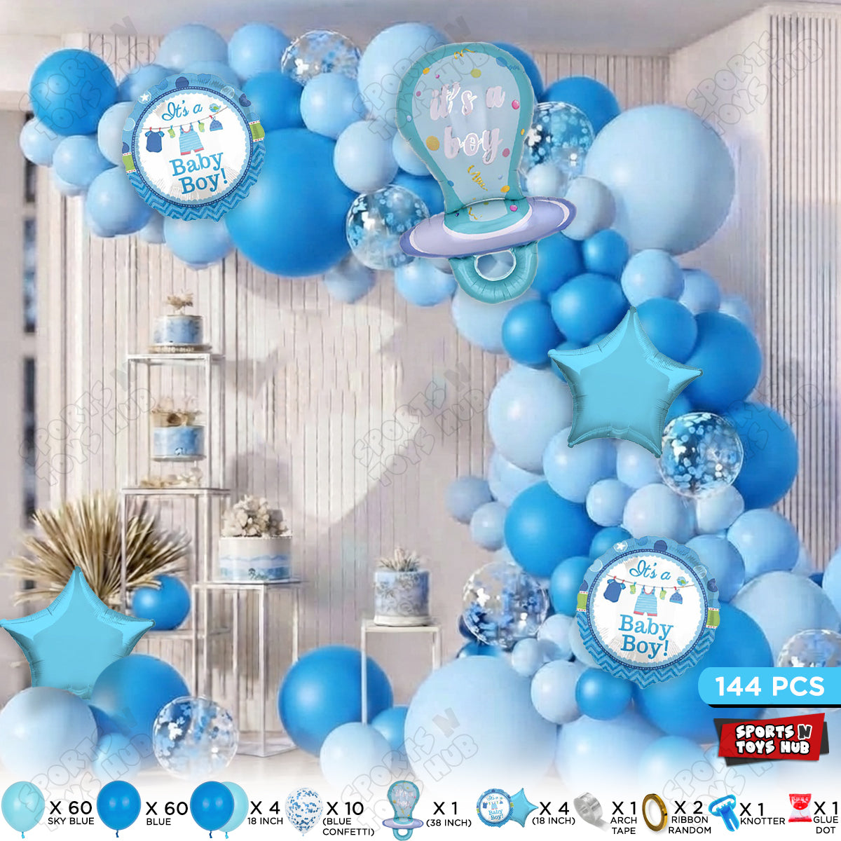 Baby Boy Blue Color Pacifier Character Foil Balloon Set Arch Kit Theme – Pack of 144 | Baby Shower Balloon Garland