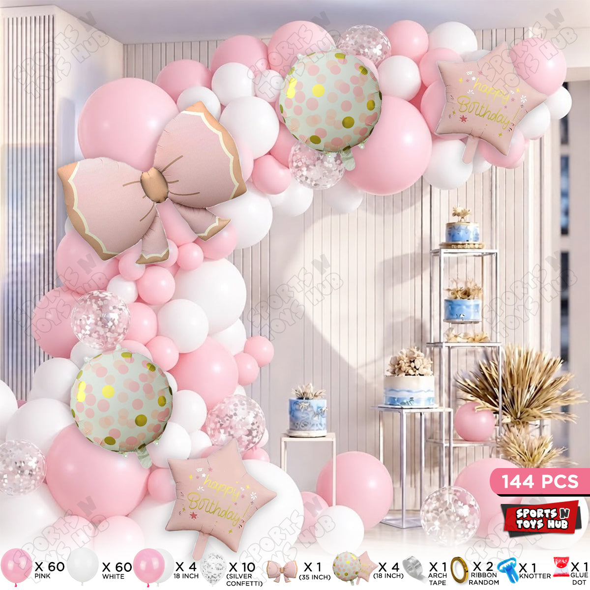 Pastel Pink & White Latex Balloons with Confetti & Bow Foil Balloon Arch Set – Baby Girl Birthday, Baby Shower, Princess Theme, Balloon Garland & Party Decorations