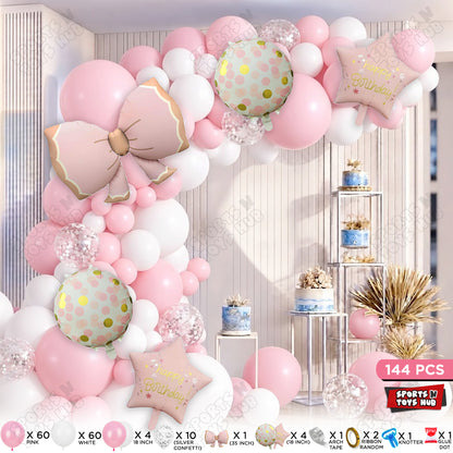 Pastel Pink & White Latex Balloons with Confetti & Bow Foil Balloon Arch Set – Baby Girl Birthday, Baby Shower, Princess Theme, Balloon Garland & Party Decorations