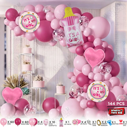 Baby Girl Pink Color Feeder Character Foil Balloon Set Arch Kit Theme – Pack of 144 | Baby Shower Balloon Garland