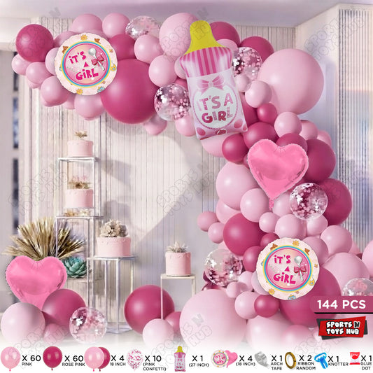 Baby Girl Pink Color Feeder Character Foil Balloon Set Arch Kit Theme – Pack of 144 | Baby Shower Balloon Garland