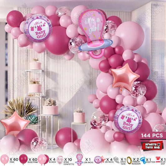 Baby Girl Pink Color Pacifier Character Foil Balloon Set Arch Kit Theme – Pack of 144 | Baby Shower Balloon Garland