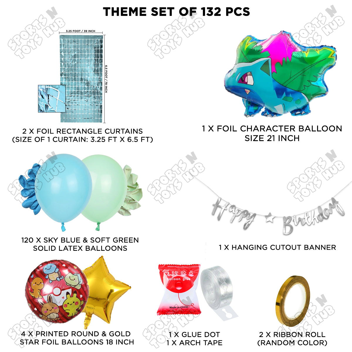 Pokemon Ivysaur Foil Balloon Set With Happy Birthday Cursive Card Banner Arch Theme