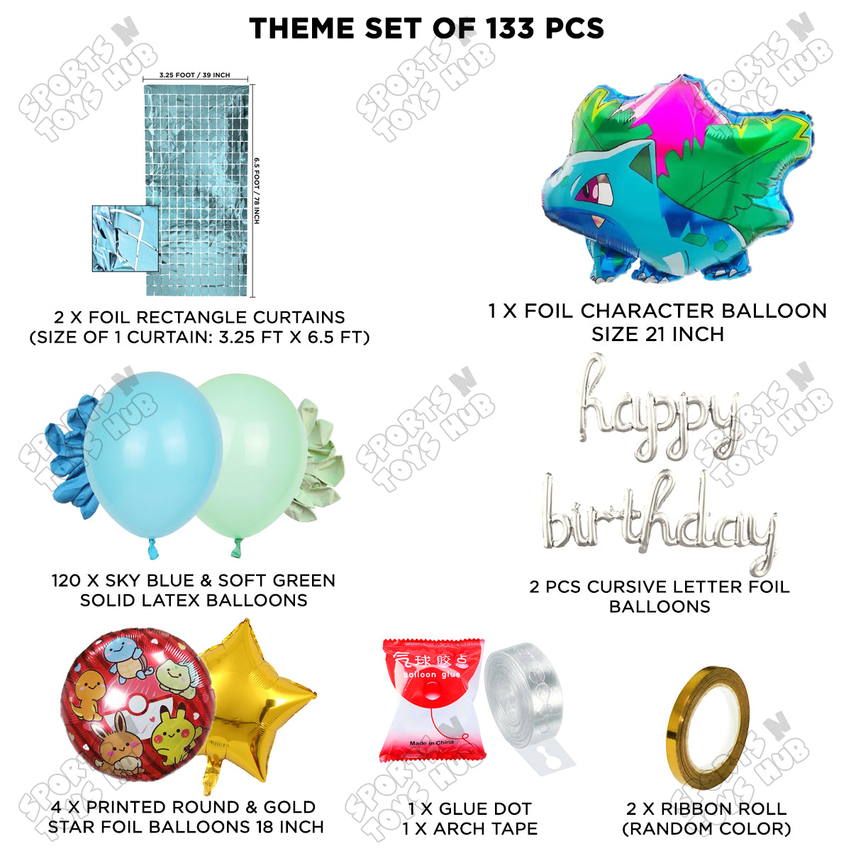 Pokemon Ivysaur Foil Balloon Set With Happy Birthday Cursive Foil Letter Arch Theme