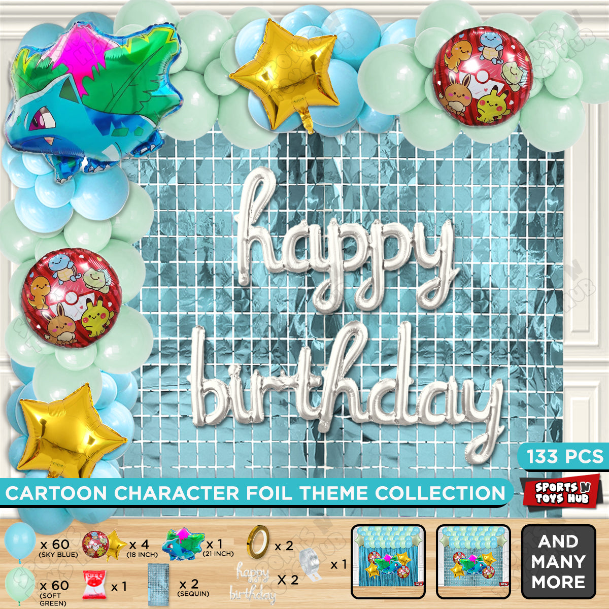 Pokemon Ivysaur Foil Balloon Set With Happy Birthday Cursive Foil Letter Arch Theme