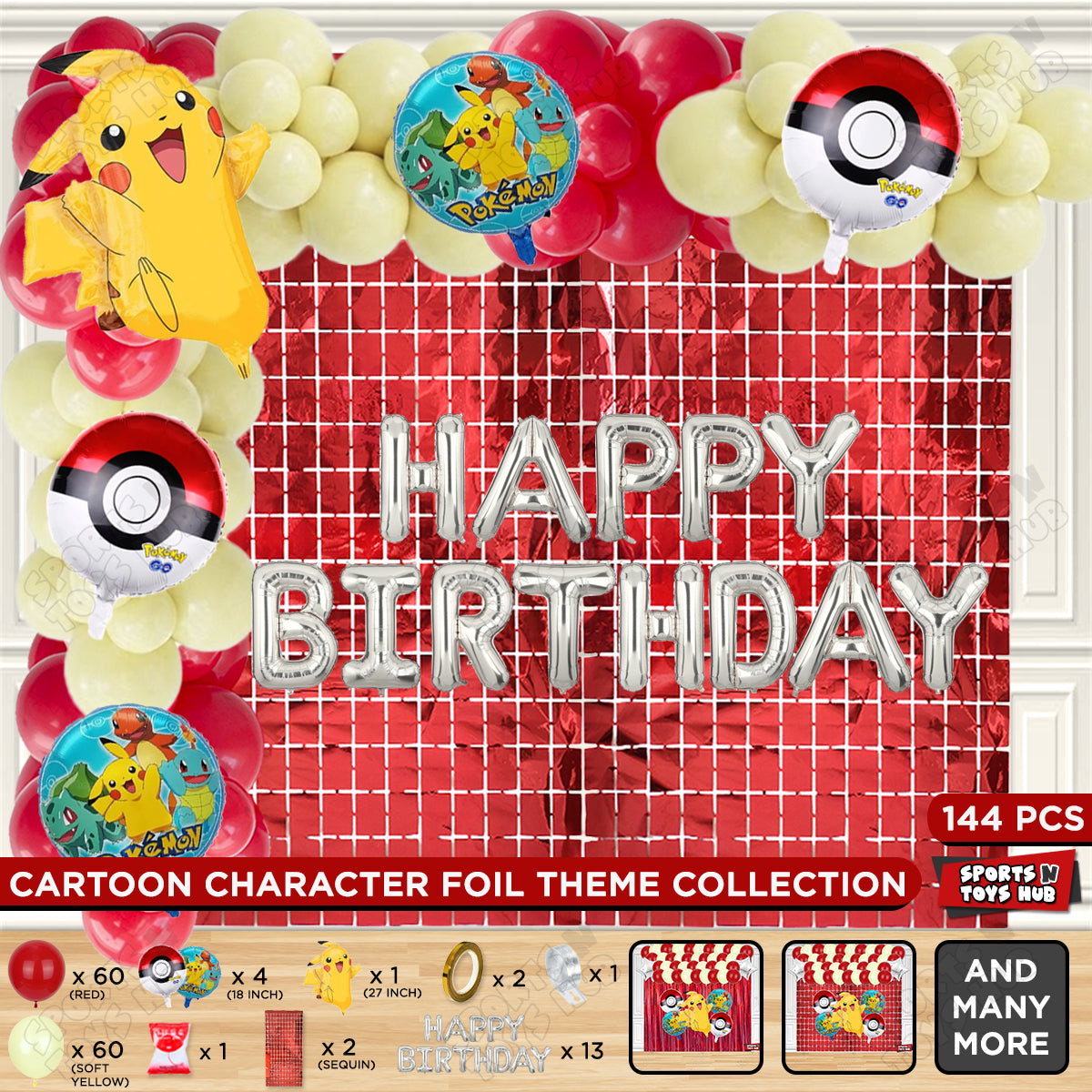 Pokemon Pika-chu Foil Balloon Set With Happy Birthday Foil Letter Arch Theme
