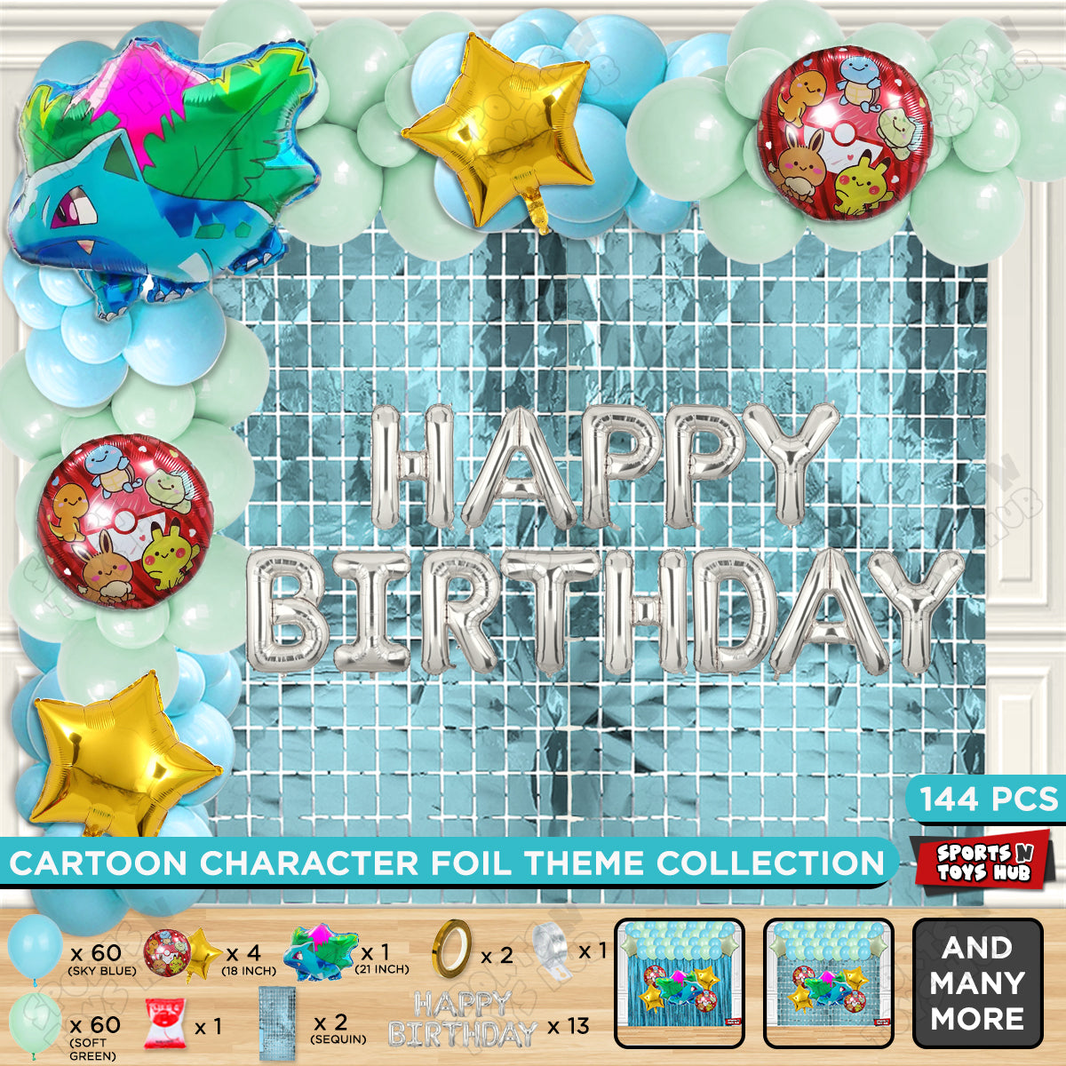 Pokemon Ivysaur Foil Balloon Set With Happy Birthday Foil Letter Arch Theme
