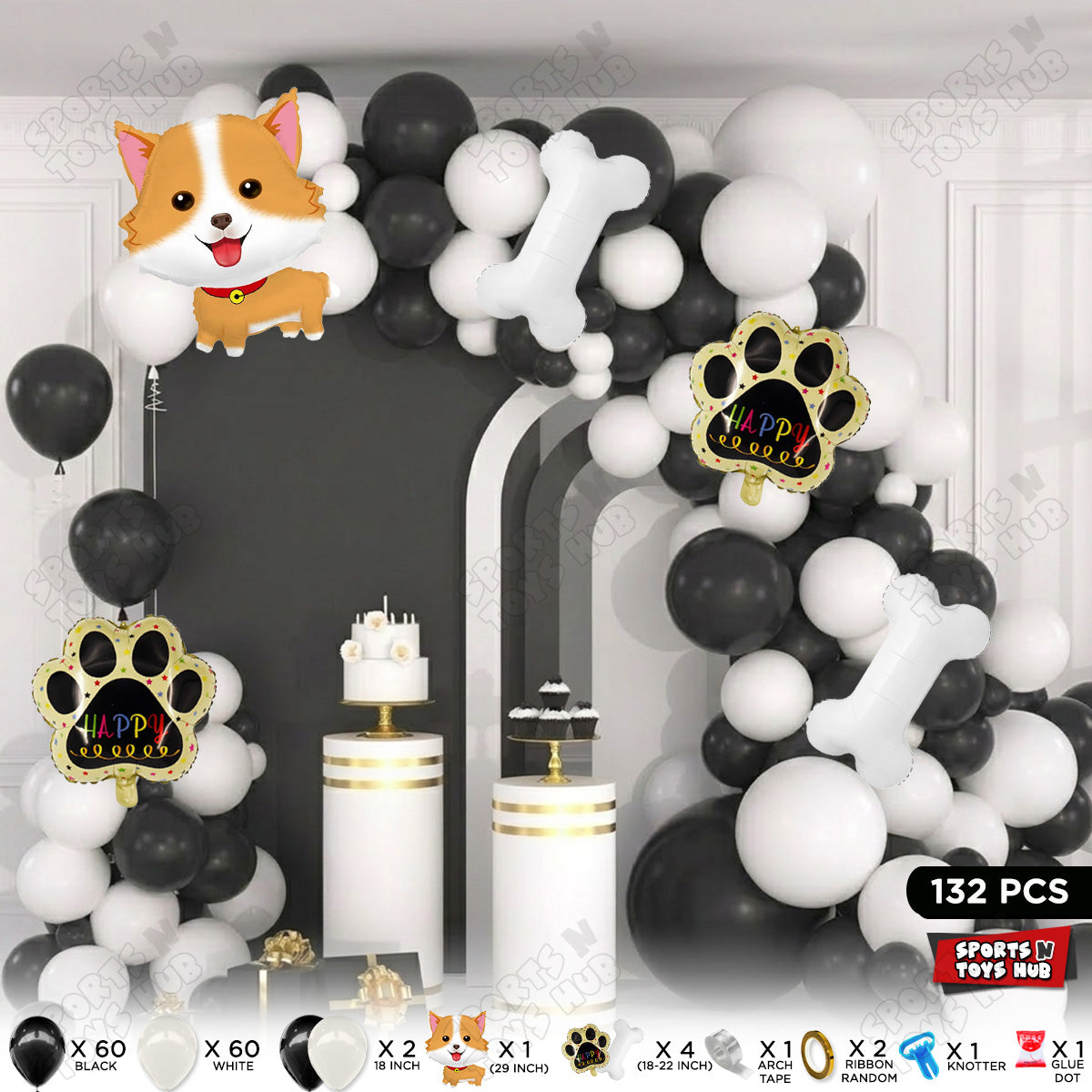 Black & White Balloon Arch Garland Theme Kit with Cartoon Dog Puppy Foil Balloon Set – 132 Pcs Puppy Birthday Party Decorations for Kids, Boys & Girls