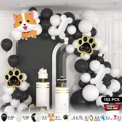 Black & White Balloon Arch Garland Theme Kit with Cartoon Dog Puppy Foil Balloon Set – 132 Pcs Puppy Birthday Party Decorations for Kids, Boys & Girls