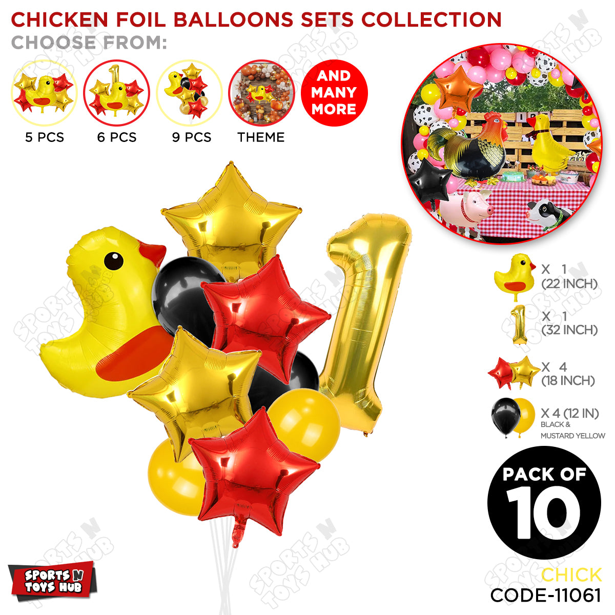 Chick Cartoon Foil Pack Of 10 Balloon Set With 32 Inch Foil Number Balloon
